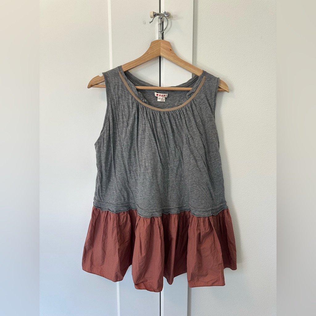 Marni Grey Peplum Tank With Tan Trim And Rust Ruffle Detail